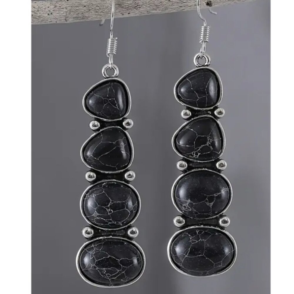 Long Silver Electro-Plated Drop Earrings with Synthetic Black Turquoise Stones